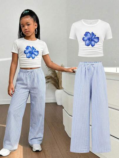SHEIN Genç Kızlar İçin Çiçek Desenli Örme Tişört + Bol Kesim Mavi Çizgili Pantolon 2 Parça Takım, Günlük, Şık, Çok Yönlü, Parti, Gezinti, Kız Kardeş Fotoğraf Çekimi, Park, Kamp, Tatil, Günlük Boş Zaman İçin Uygun