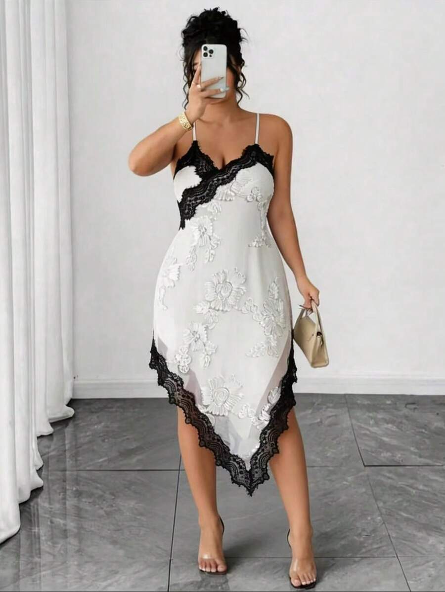 Elenzga 大码女士性感蕾丝拼接V领花卉亮片不对称下摆吊带连衣裙 - 彩色 - 查看 1