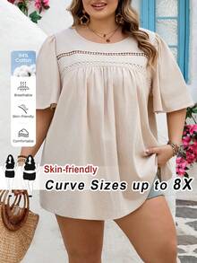 SHEIN CURVE+ Curve 尺码 US22 音乐节、海滨度假、波西米亚蕾丝拼接休闲短袖衬衫，适合波西米亚音乐节 - 杏色 - 查看 11