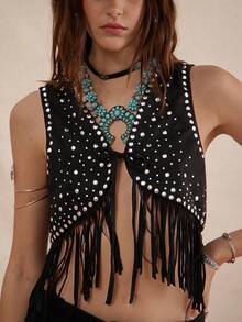 Easelle Bohemian Music Festival Sequin Rivet Tassel Vest For Women - Black - View 2