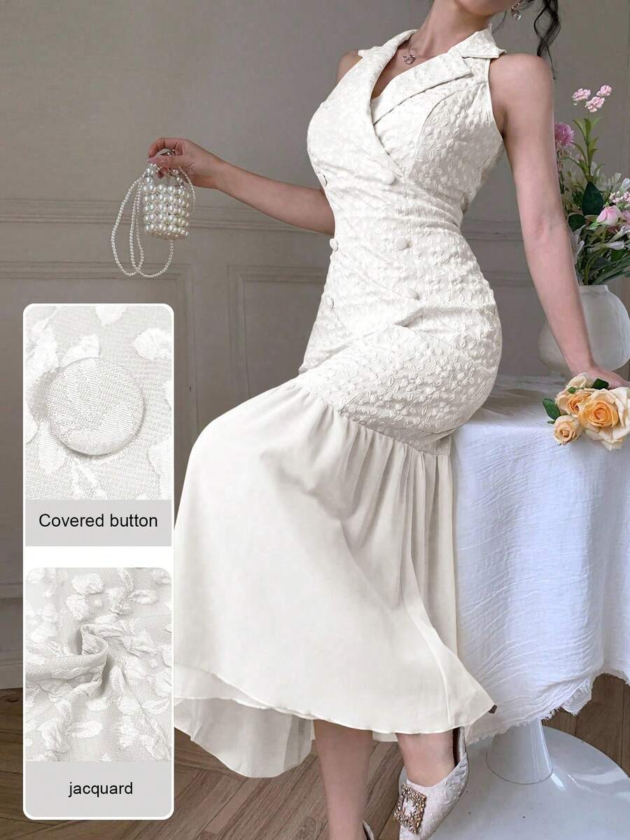 Modelyn Đầm vàng jacquard phối họa tiết chắp vá, cổ áo blazer thanh lịch, cài hai hàng khuy bằng vải chiffon. - trắng - Xem 1