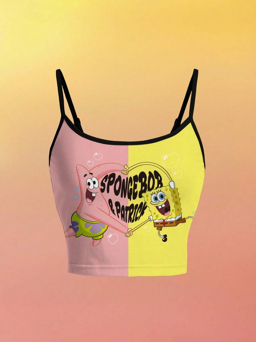 SpongeBob SquarePants | SHEIN 女士字母卡通印花休闲吊带衫 - 白色 - 查看 1