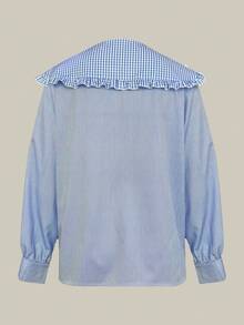 INAWLY 女式彼得潘领格子条纹长袖休闲衬衫、长袖上衣 - 彩色 - 查看 3