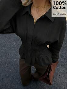 Siren Gaze 女士休闲纯色长袖衬衫，棉质修身收腰上衣，适合办公室穿着 - 黑色 - 查看 5