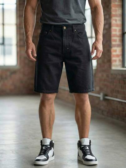 Bermuda hombre mezclilla rígida 100 algodón pantalones cortos denim resistente short caballero diseño urbano clásico básico informal ropa masculina textil natural duradero alta calidad corte recto cómodo bolsillos funcionales moda varonil auténtica temporada calor playa vacaciones estilo sólido construcción firme resistente al desgaste