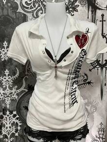 Lalippa Áo cardigan nữ tay ngắn cài nửa cúc, phong cách thường ngày, thời trang đường phố, in khẩu hiệu. - trắng - Xem 1