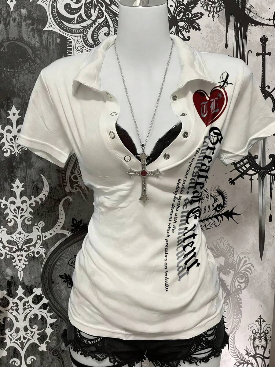 Lalippa Áo cardigan nữ tay ngắn cài nửa cúc, phong cách thường ngày, thời trang đường phố, in khẩu hiệu. - trắng - Xem 1