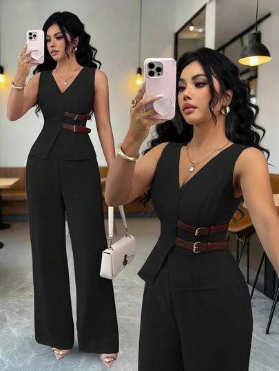 SHEIN Elenzya Women's Elegant Sleeveless Belt Decor Blazer And Pants Set, Business Commuter Style, Suitable For Spring/Summer, Teacher Outfit, Office Wear, Back To School, Date, Vacation, Commute, Versatile Elegant Vintage Spring Outfit