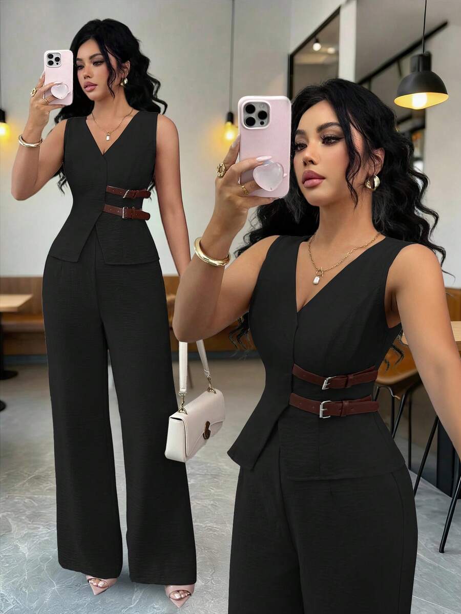 SHEIN Elenzya 女士优雅无袖腰带装饰西装外套和裤子套装，商务通勤风格，适合春夏、教师装、办公室穿着、返校、约会、度假、通勤等场合，百搭优雅复古春季套装 - 黑色 - 查看 1