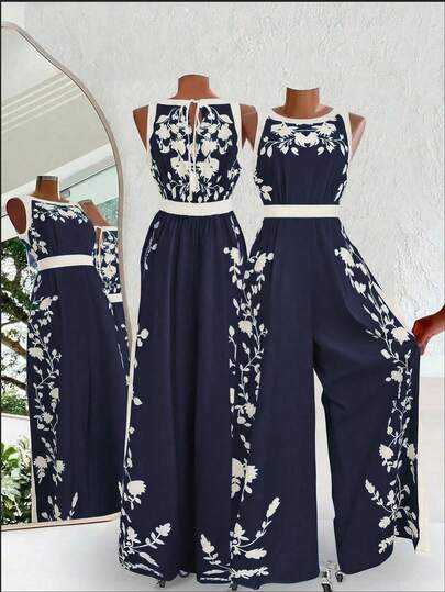 SHEIN Clasi Women's Elegant Backless Jumpsuit, Loose Fit Colorblock Printed Vacation Romper