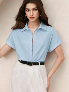 BizChic 女士百搭翻领蝙蝠袖衬衫，适合多种场合：办公室、正式场合、优雅都市通勤、休闲、浪漫、Y2K、90年代复古、派对礼服、毕业典礼、百搭、婚礼宾客、伴娘、主持人、外出、社交、约会、派对、音乐会、舞台表演、毕业典礼、早午餐、机场等。 - 藍色 - 查看 4