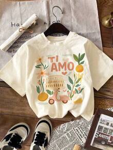 DrmWander 女士T恤，休闲街头风印花短袖T恤，可爱夏季上衣 - 杏色 - 查看 1