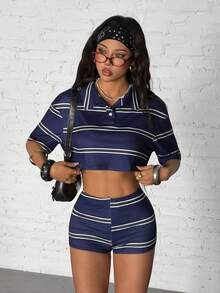 StreetHx Women's Casual Street Style Polo Collar Striped Numeric Print 2 Pieces Set, Summer - Navy Blue - View 3