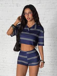 StreetHx Women's Casual Street Style Polo Collar Striped Numeric Print 2 Pieces Set, Summer - Navy Blue - View 6