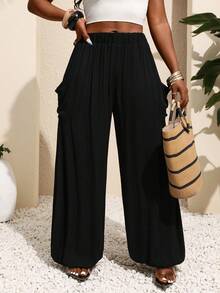 Xyvia Women's Solid Color Loose Pleated Pocket Pants, Suitable For Vacation And Daily Wear - Black - View 5