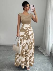 Elenzga 女士蓝色拼接印花V领收腰喇叭裙摆休闲度假连衣裙 - 卡其色 - 查看 6