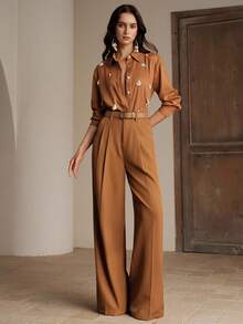 Anewsta Áo kiểu nữ mới, dáng rộng, thoải mái, làm thủ công, đính mặt dây chuyền vỏ sò ngọc trai, thiết kế đa năng cho kỳ nghỉ, tay dài. - màu nâu - Xem 6