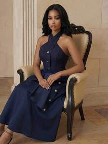 Anewsta Women's New Asymmetrical Ruffle Hem Elegant Skirt - Navy Blue - View 7