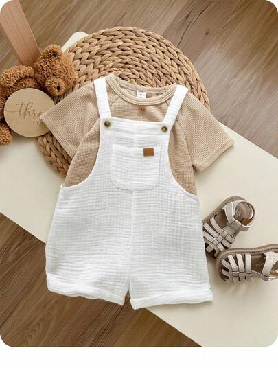 Newborn Baby Boy Versatile Solid White Gauze Bib Romper Shorts, Spring & Summer