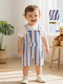 Playful Pals Bộ 2 món cho bé trai gồm áo thun cổ tròn tay ngắn màu trắng, vai cài nút thông thường và quần đùi yếm kẻ sọc xanh trắng, kiểu dáng giản dị, dễ thương, cổ điển tối giản, thích hợp cho các hoạt động ngoài trời mùa hè hoặc mặc ở nhà. - Nhiều màu - Xem 9