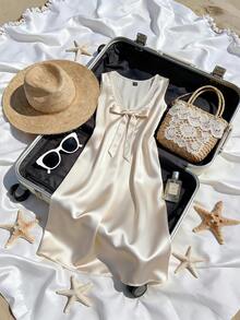 Franclia Women's Elegant Casual 2026 Spring/Summer Satin Pearl Collar Bow Loose Mini Dress - Champagne - View 6