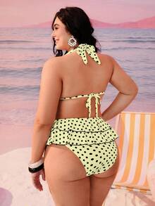 Swim Mod 加大码女士两件套黑色波点印花挂脖系带性感沙滩度假比基尼泳衣 - 黃色 - 查看 2