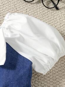 女童大蝴蝶结拼接水洗牛仔连体裤 - 彩色 - 查看 5