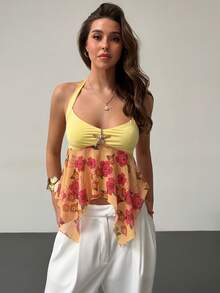 Aloruh 女士吊带系带碎花不对称下摆上衣，适合约会和外出穿着 - 黃色 - 查看 7