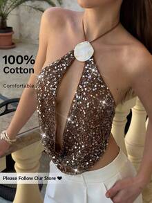 Aloruh Áo hai dây dệt kim hở lưng gợi cảm bằng vải lưới đính sequin ánh kim màu kaki, nâu, mơ, thích hợp mặc đi nghỉ mát. - Màu Khaki - Xem 4