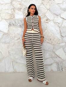 Firerie Women's Round Neck Contrast Trim Hollow Striped Sweater 2 Pieces Set, Spring/Summer - Apricot - View 8