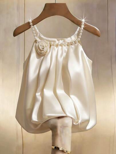 Franclia Blusa de mujer elegante de tela de satén con decoración de perlas