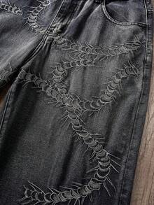 Manfinity Joysei 男士街头时尚昆虫刺绣做旧水洗直筒宽松牛仔裤 - 黑色 - 查看 3