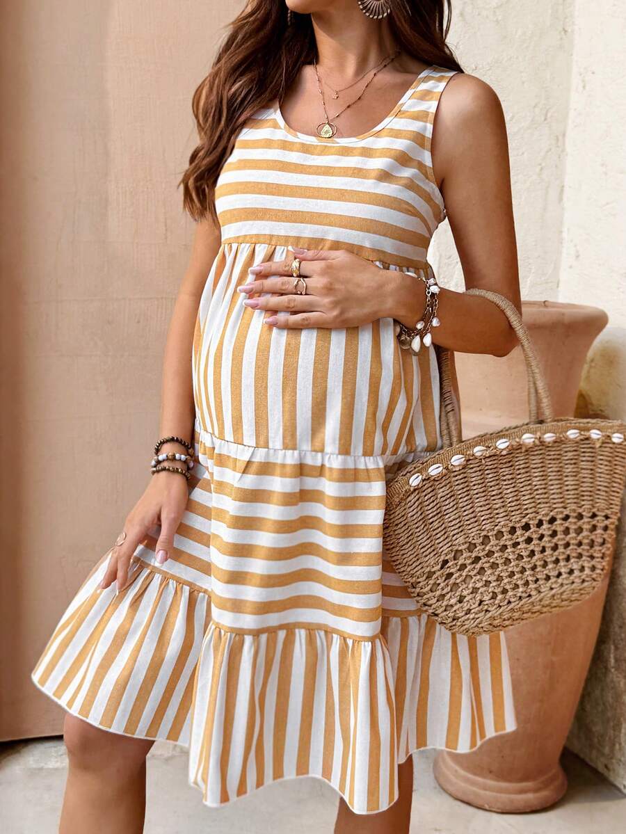 SHEIN Maternity Round Neck Striped Ruched Casual Versatile Daily Wear Dress, Suitable For Summer - Multicolor - View 1