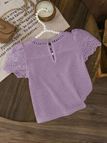 SHEIN LMoss Kids LMoss 女童针织纯色圆领蕾丝荷叶边修身T恤 - 淡紫色 - 查看 2