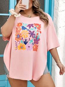 SHEIN CURVE+ Curve 尺码 US22 音乐节、海滨度假、波西米亚风女式印花T恤，休闲百搭，适合假日和日常穿着 - 粉色 - 查看 9