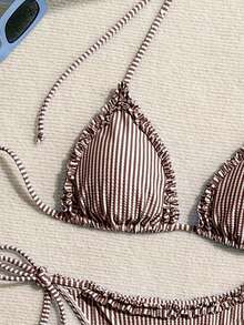 Swim Mod Women's Striped Nautical Style Patchwork Frill Trim Tie-Up Bikini Set - Brown - View 7