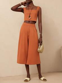 Vesra Bộ đồ nữ gồm áo crop top màu trơn và quần ống rộng, kiểu dáng thường ngày. - Rỉ Nâu - Xem 3