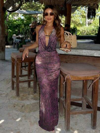 Lumalex Women's Beach Cover‑Up Maxi Dress Plum‑Mauve Halter Gown With Deep Draped Cowl Neckline, Decorative Center Bead Accent, All‑Over Abstract Animal‑Inspired Print With Subtle Floral Motifs, Ruched High‑Waist And Hip Detailing, Adjustable Halter Neck Tie Closure, Open‑Back Design, Body‑Skimming Slim Maxi Silhouette, Lightweight Semi‑Transparent Mesh Fabric, Elegant Resort, Poolside & Luxury Vacation Swim Cover‑Up, Spring Break Outfits, Cruise Outfits, Summer Holiday Outfits, Beach Outfit For Women, Carnival Women Look 2026, Party Outfits, Valentine's Day Ideas, Romantic Valentine Vibes, Neo Girly Mood, Boho Casual Vibes, Quiet Luxury Style, Beach Weekend, Valentine's Day Ideas, Romantic Valentine Vibes, Vacay Vibes, Elegant Outfit, Beach Outfits, Sea Side, Partywear Guidelines