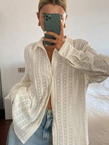 DAZY 女士宽松镂空翻领衬衫 - 白色 - 查看 2