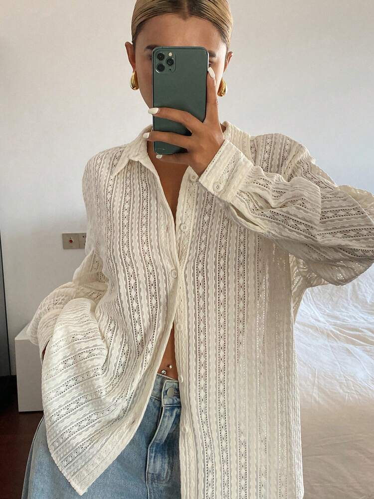 Women's Loose Fit Hollow Out Lapel Blouse