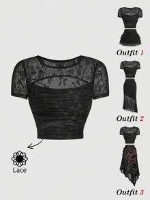 SHEIN MOD 女士圆领荷叶边蕾丝休闲日常短袖T恤 - 黑色 - 查看 2