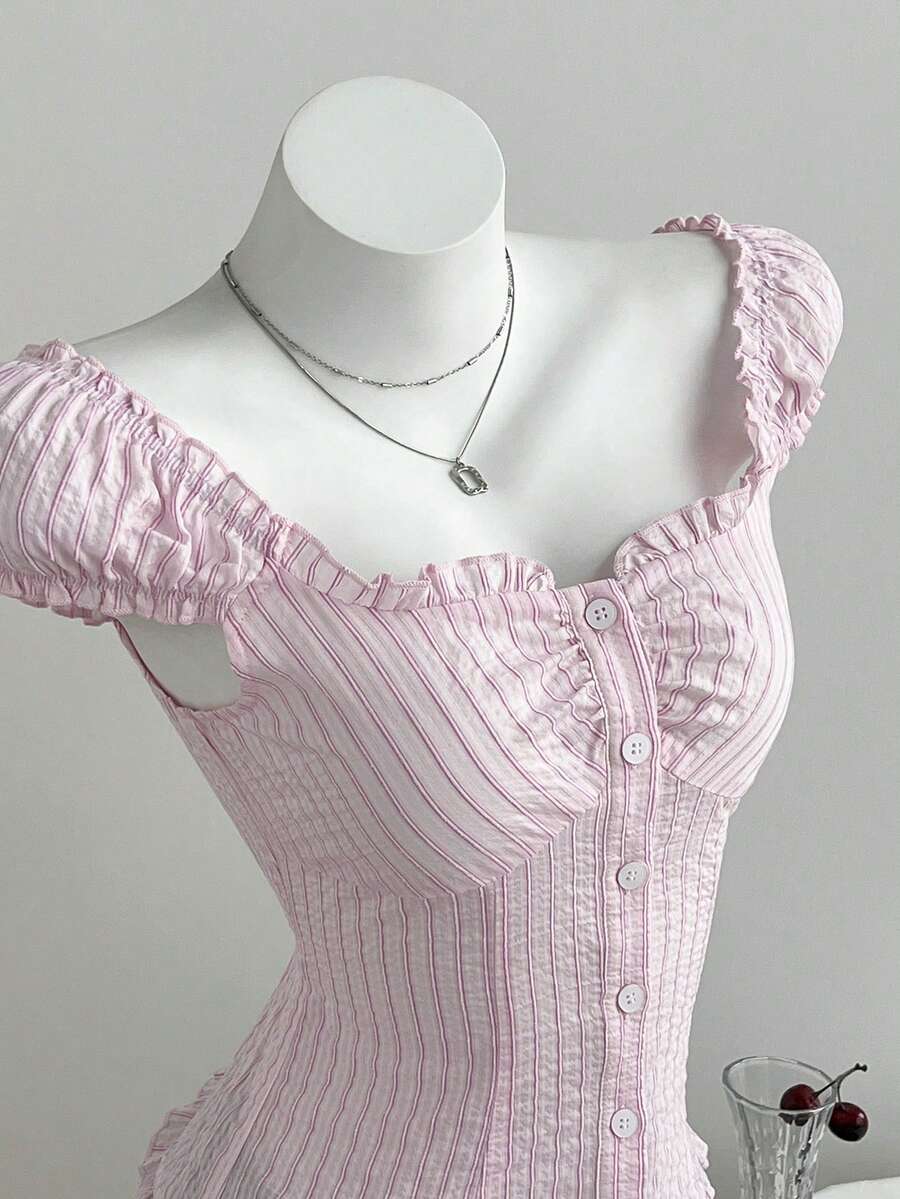 FavEase Women's Pink Ruffle Trim Fitted Casual Vacation Striped Shirt - Pink - View 1