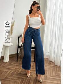 SHEIN 女士高腰中度水洗阔腿休闲牛仔裤 - 中等水洗藍 - 查看 1