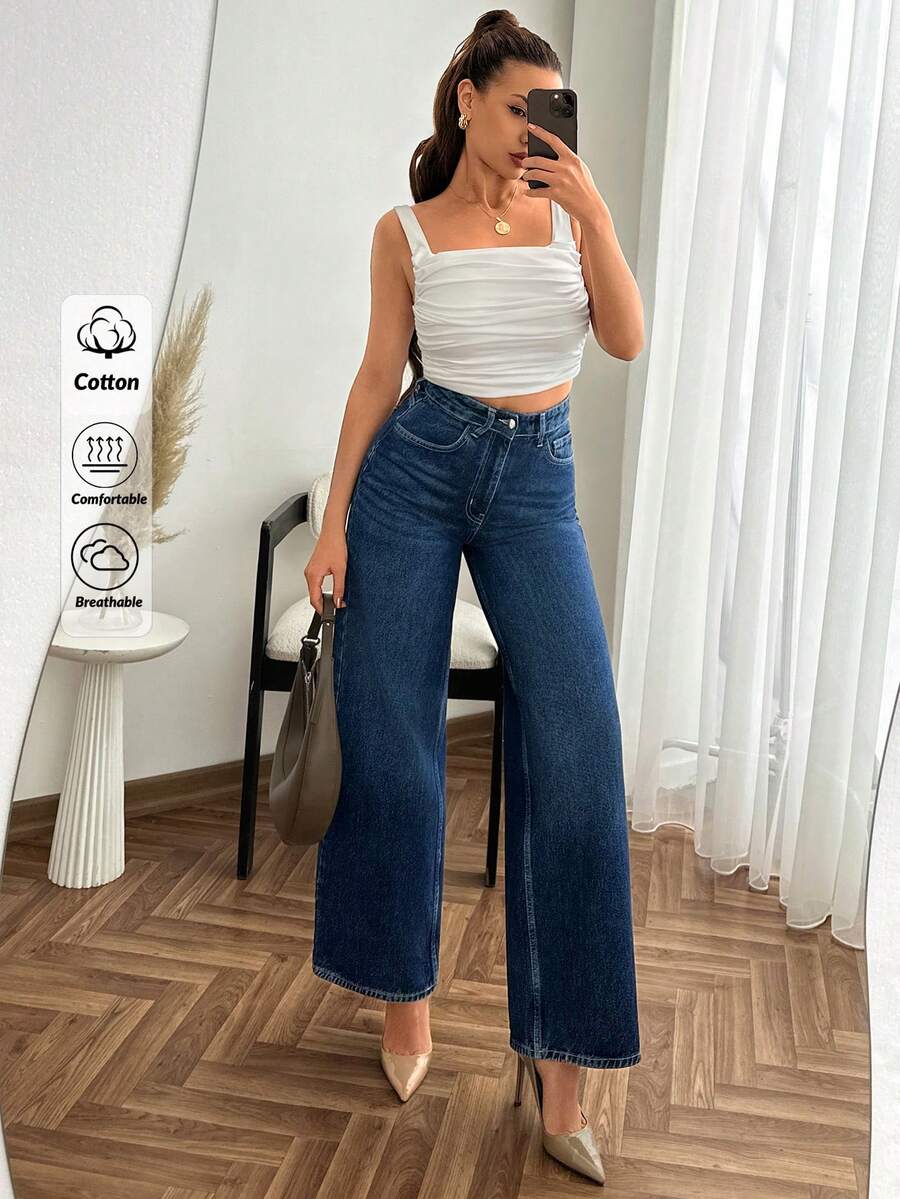 SHEIN 女士高腰中度水洗阔腿休闲牛仔裤 - 中等水洗藍 - 查看 1