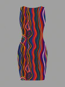 Slaydiva New Spring/Summer Casual Minimalist Sleeveless Fitted Dress/Music Festival/Casual And Simple Basic Style/Y2K/Streetwear/Street Sweet/Internet Celebrity Bestseller /Daily Date/Hot Girl Style/Sexy/Night Club/Back To School/Going Out/Hip-Hop/Viral Internet-Famous Same Style/Grunge/Stripe Graphic Print - Multicolor - View 3