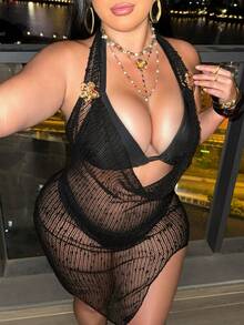 Swim SXY Plus Size European And American Style Swimwear Set, Halter Deep V Backless Mesh Sheer Beach Cover Up For Women - Black - View 3