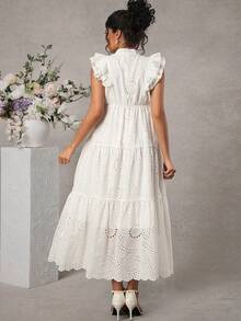 SHEIN 孕妇度假休闲纯色镂空刺绣连衣裙 - 藍色 - 查看 5