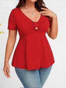 Plus Size Casual Solid Color Short Sleeve T-Shirt, Summer - Red - View 5