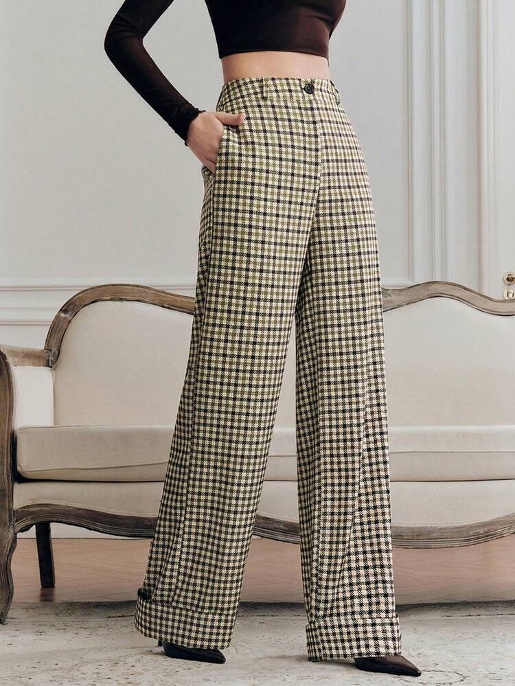 Women's Classic Plaid Straight-Leg Pants, Draping Slimming, Versatile For Commuting, Brown