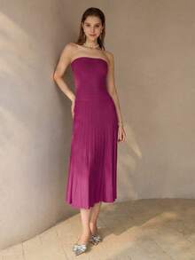 PREMIUM SOLID TEXTURED KNIT PLISSE TUBE DRESS - Red Violet - View 3